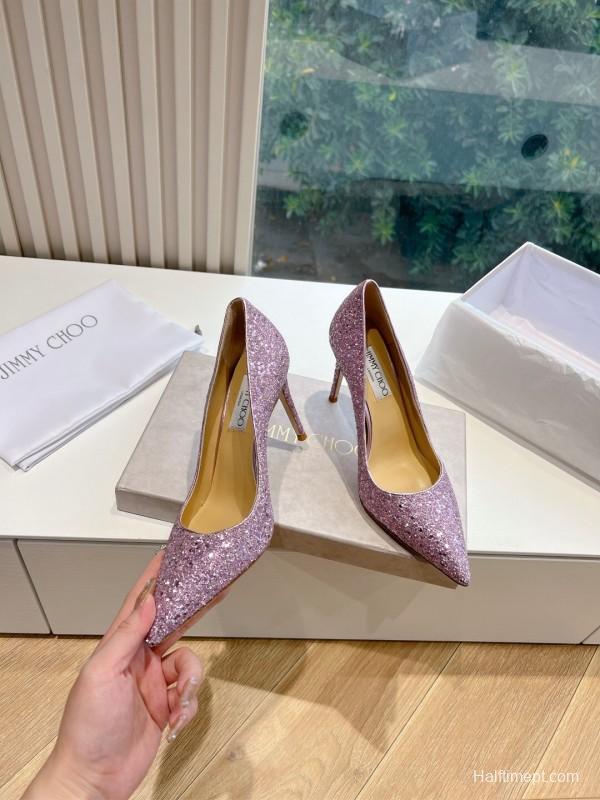 2025 Women Jimmy Choo Pink Glitter Leather Stiletto Pump