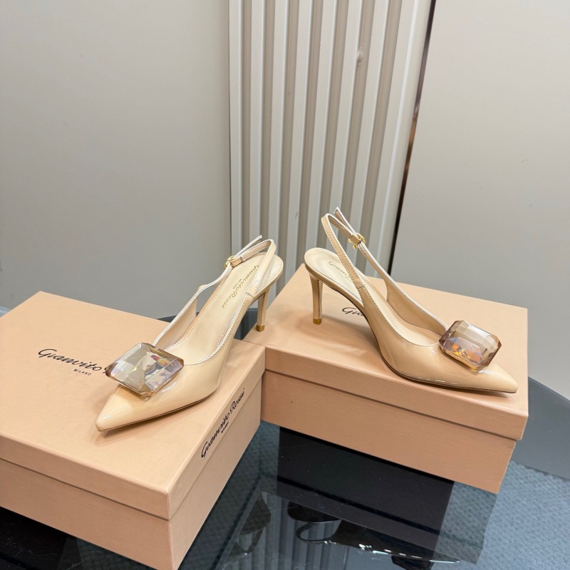2025 Women Gianvito Rossi Beige Patent Leather Slingback High Heel Gemstone KFY00300