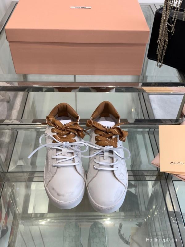 2025 Women Miu Miu White Brown Leather Sneakers LY00290