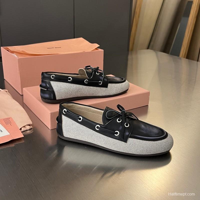 2025 Women Miu Miu Black Beige Leather Fabric Loafers