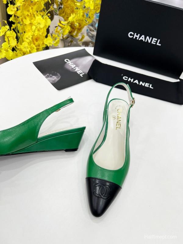 2025 Women Chanel Green Black Leather Slingback Flats