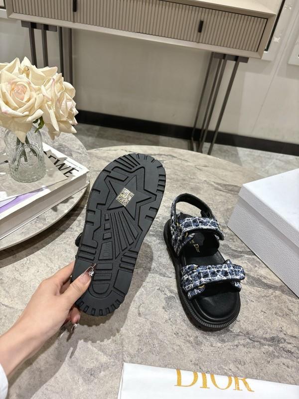 2025 Women Dior Black Blue White Fabric Leather Sandals KFY00300