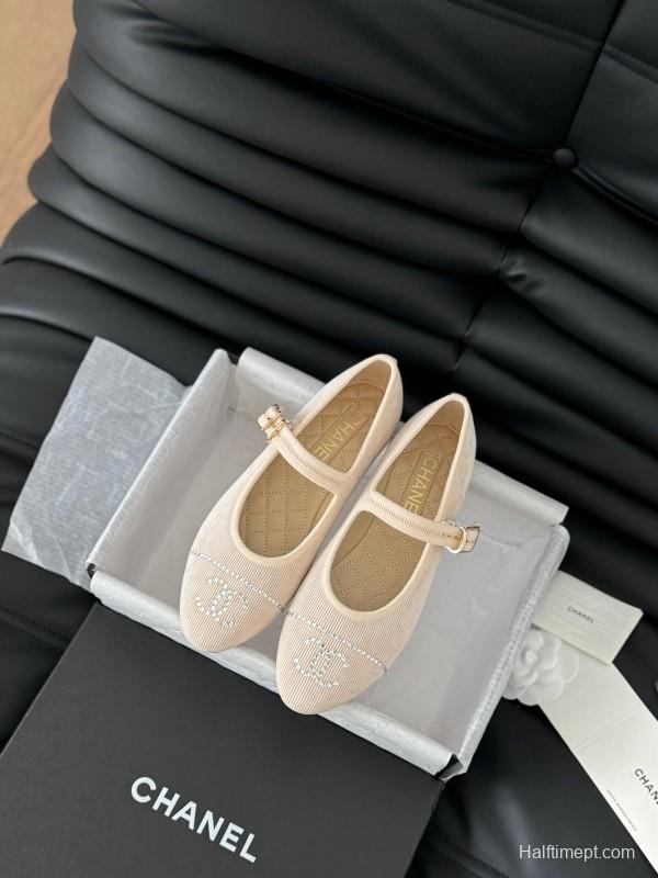 2025 Women Chanel Beige Fabric Mary Jane Embroidery LY00280