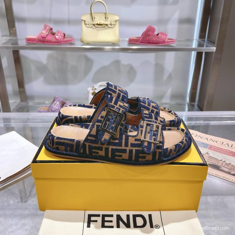 2025 Slippers Fendi Blue Brown Jacquard Buckle KFY00250