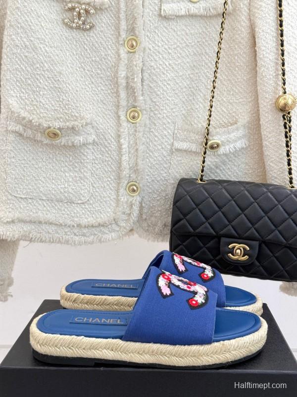 2025 CHANEL Blue Canvas Slippers Embroidered KFY00230