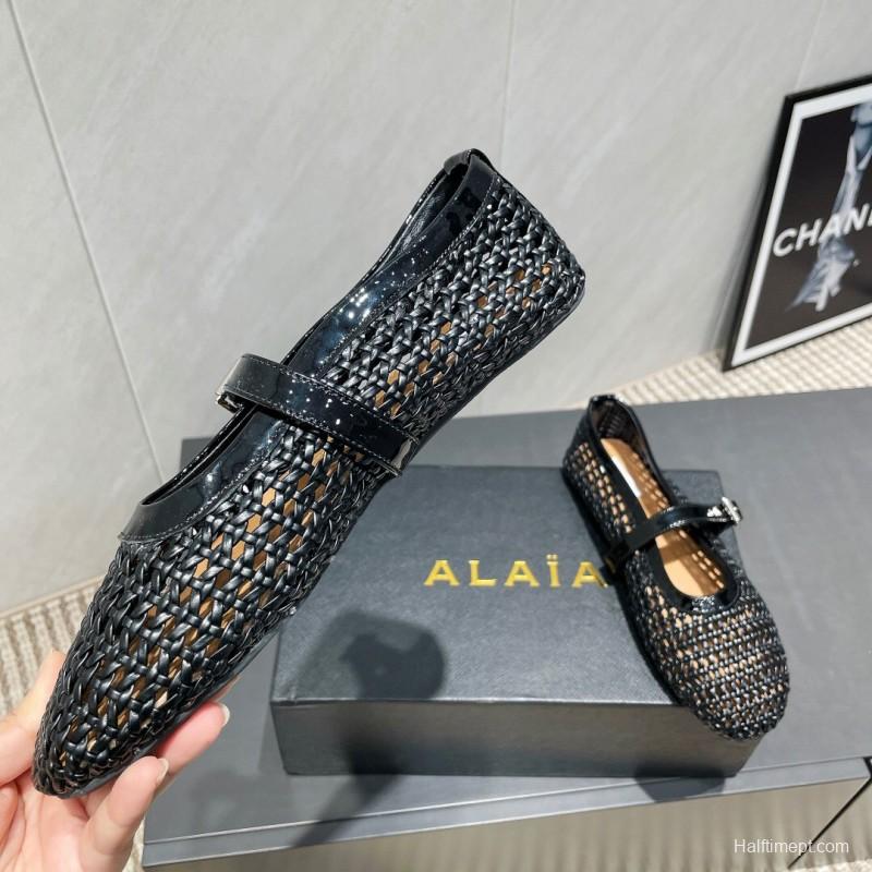 2025/Women Alaïa Black Woven Leather Mary Jane Flats LY00360(F)