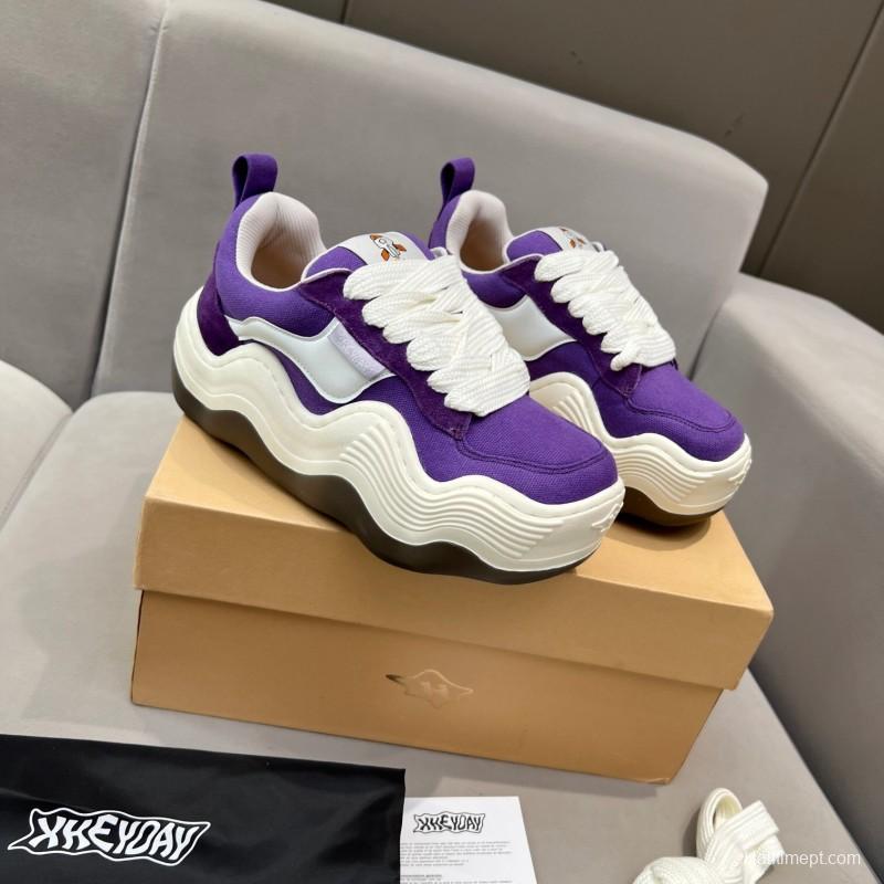 2025 Unisex HEYDAY Purple White Canvas Leather Sneakers Wave Sole KFY00260