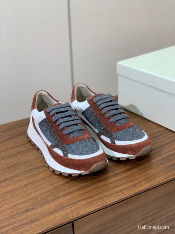 2025 Unisex Brunello Cucinelli Grey Brown White Suede Fabric Sneakers LY