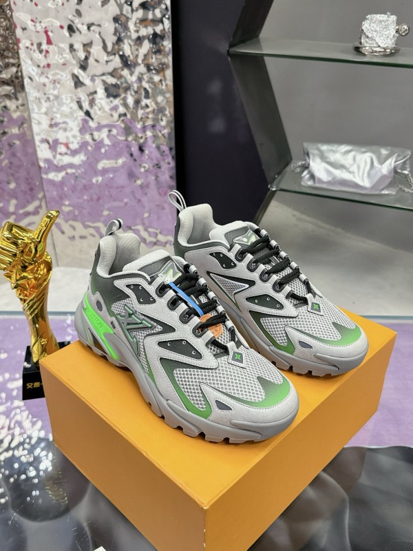 2025 Men Louis Vuitton Green Grey Mesh Leather Sneakers MJ00420