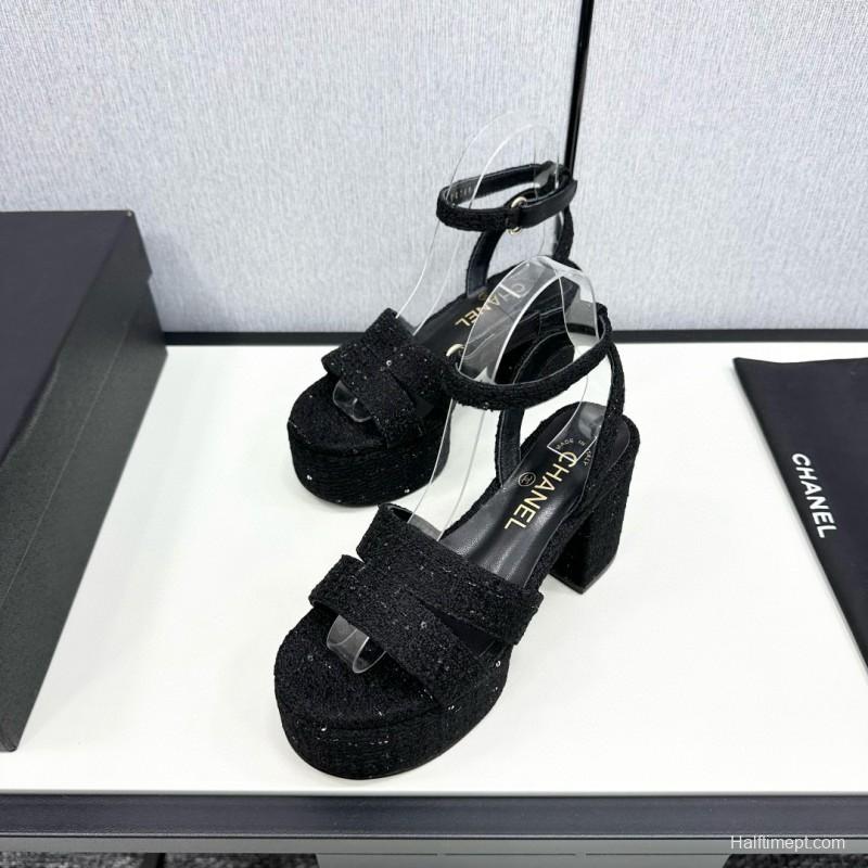 2025 Women Chanel Black Fabric Platform Sandals MJ00310