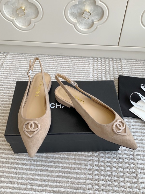 2025 Women Chanel Beige Suede Slingback Heart Logo KFY00300