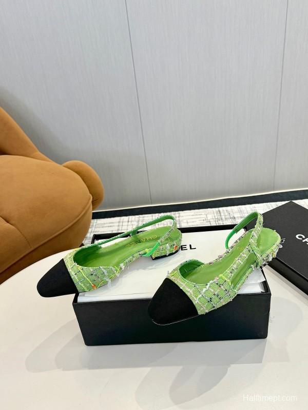 2025 Women Chanel Green Black Tweed Leather Slingback Flats LY00240