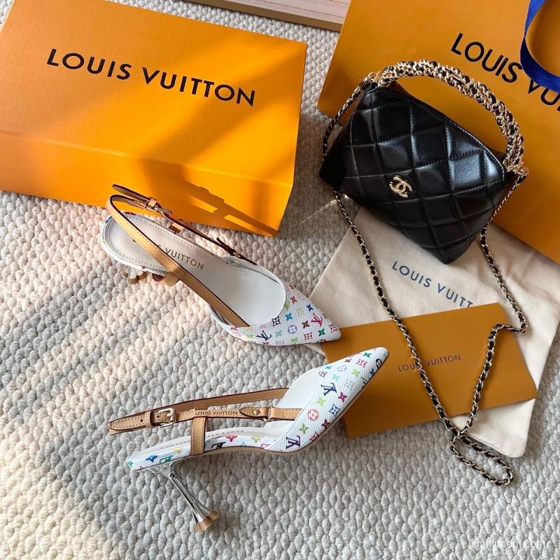 2025 Women Louis Vuitton White Multicolor Canvas Leather Slingback Pumps