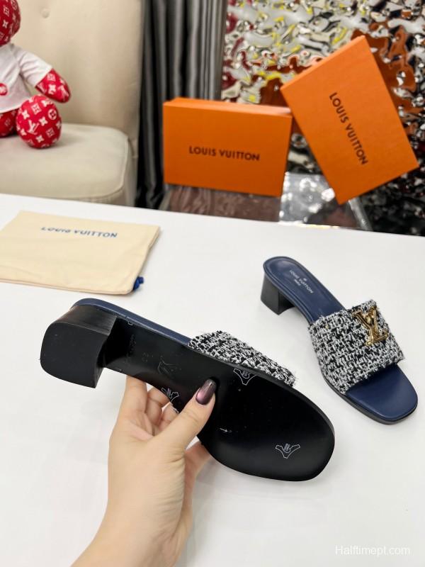 2025 Women Louis Vuitton Navy White Tweed Leather Heeled Sandals LY00220