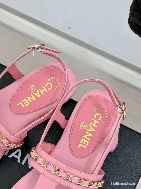 2025 Women Chanel Pink Lambskin Sandals CC Logo KFY00250