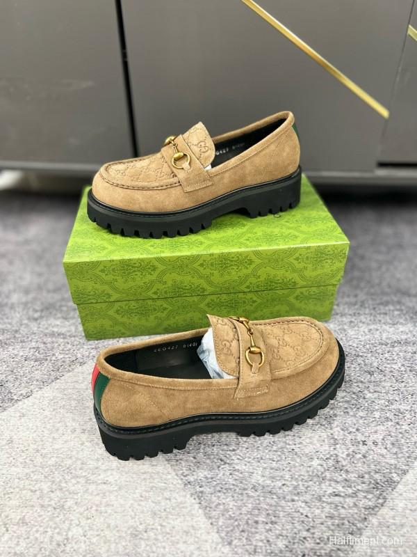 2024 Women Gucci Beige Suede Leather Loafers MJ00300