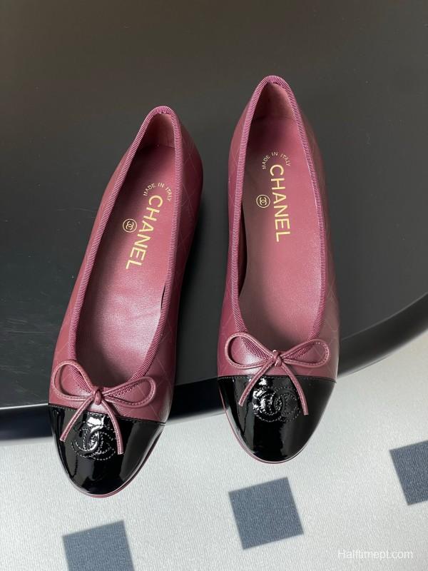 2025 Women Chanel Purple Black Leather Ballet Flats KFY00320