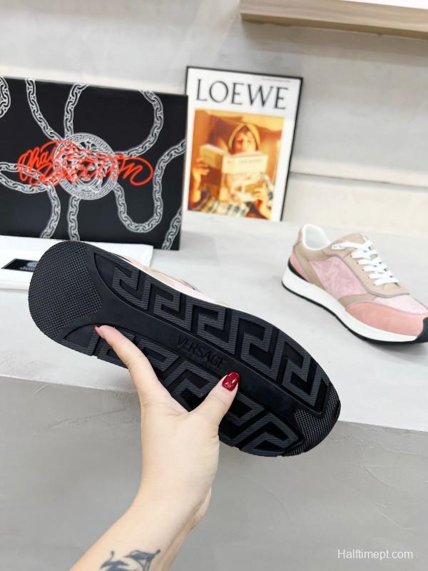 2025 Women VERSACE Pink Beige Suede Leather Sneakers Embroidery LY00320