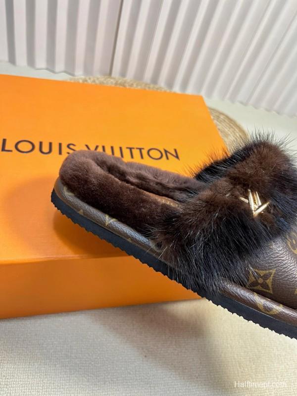 2024 Slippers Louis Vuitton Brown Leather Mink Fur Slippers MJ00340