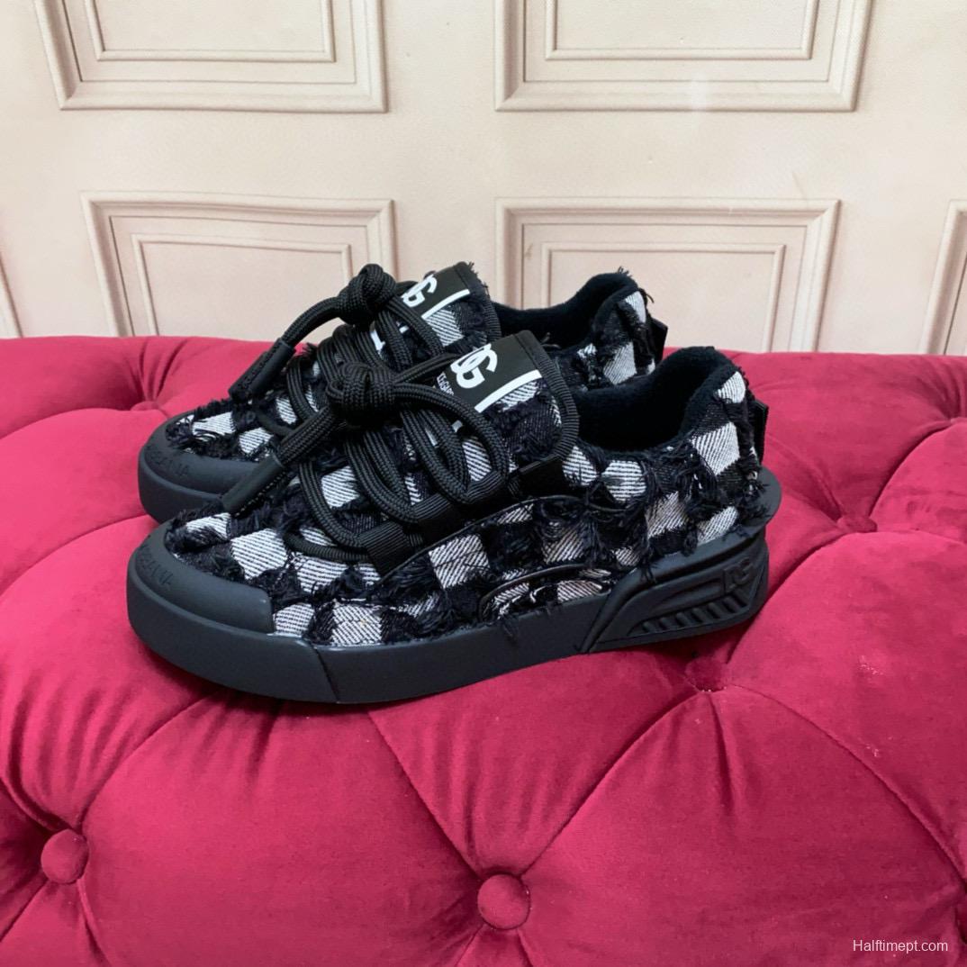 2024 Unisex Dolce & Gabbana Black White Wool Leather Sneakers MJ00340