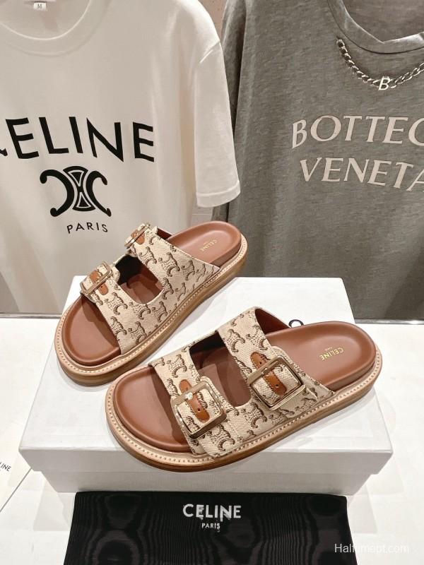 2025 Women Celine Beige Canvas Vintage Style Double Buckle Sandals Handcrafted Unisex LY00360(F)