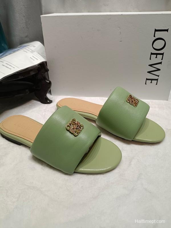 2025 Women Loewe Green Leather Slippers