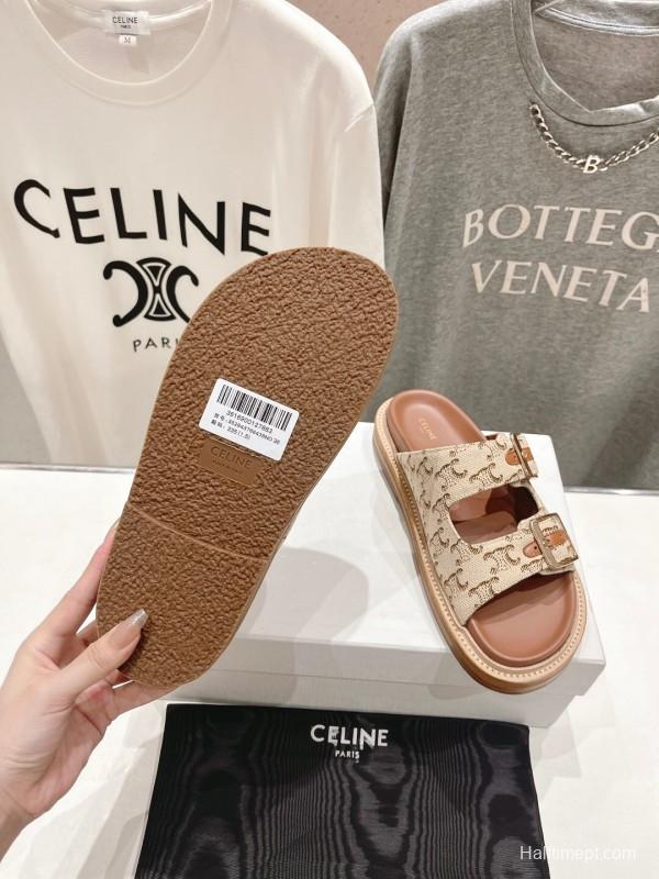 2025 Women Celine Beige Canvas Vintage Style Double Buckle Sandals Handcrafted Unisex LY00360(F)