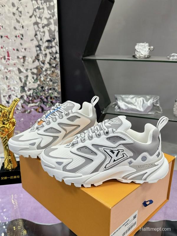 2025 Men Louis Vuitton White Grey Mesh Leather Sneakers MJ00420