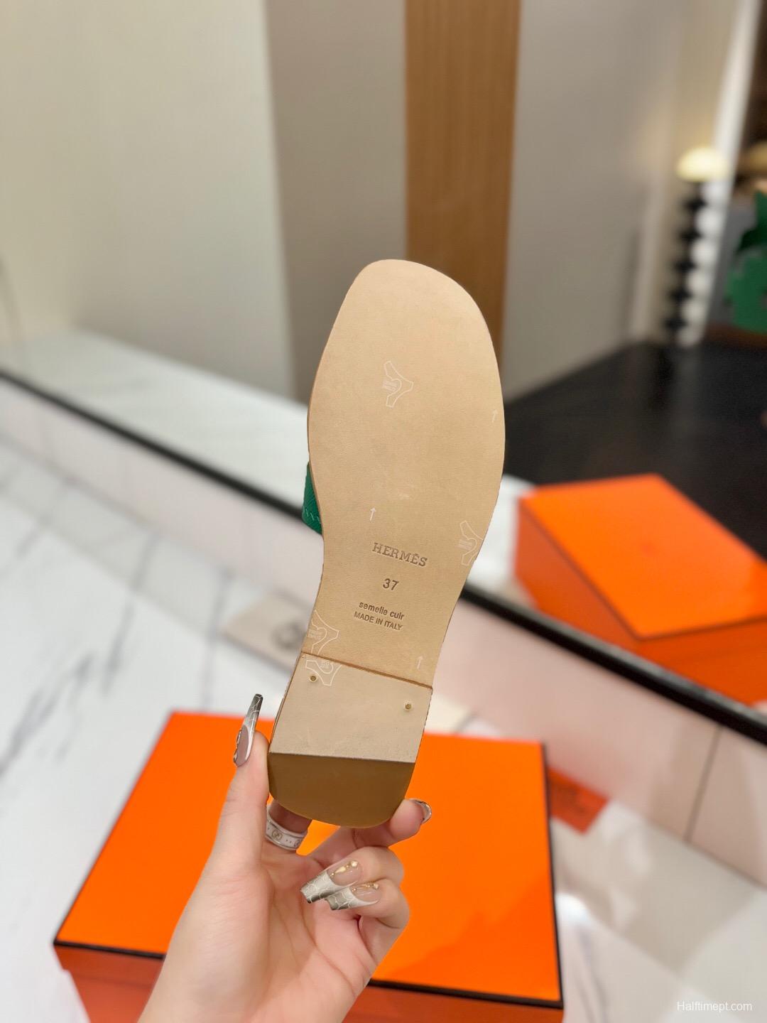 2025 Women Hermès Green Leather Slippers