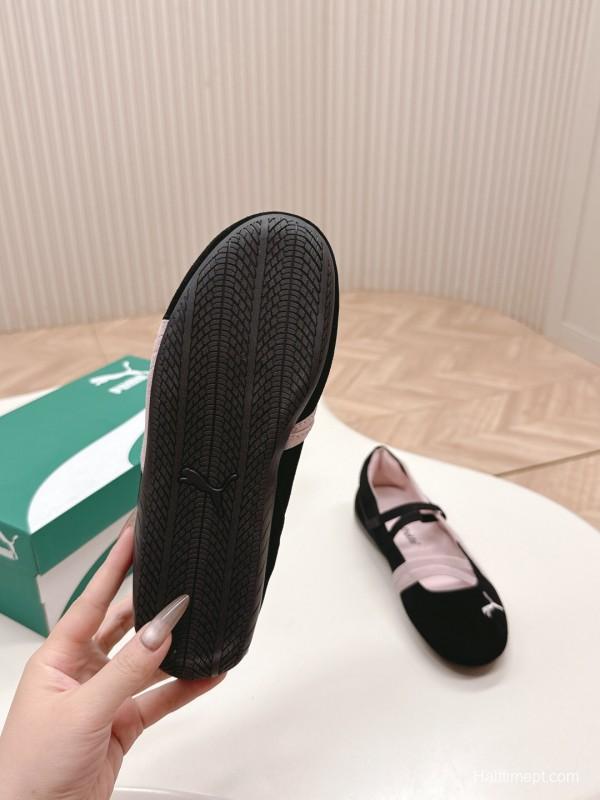 2025 Women PUMA Pink Black Suede Leather Ballet Flats LY