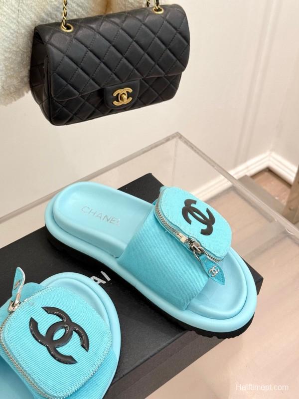 2025 Slippers Chanel Blue Fabric Slippers KFY00220