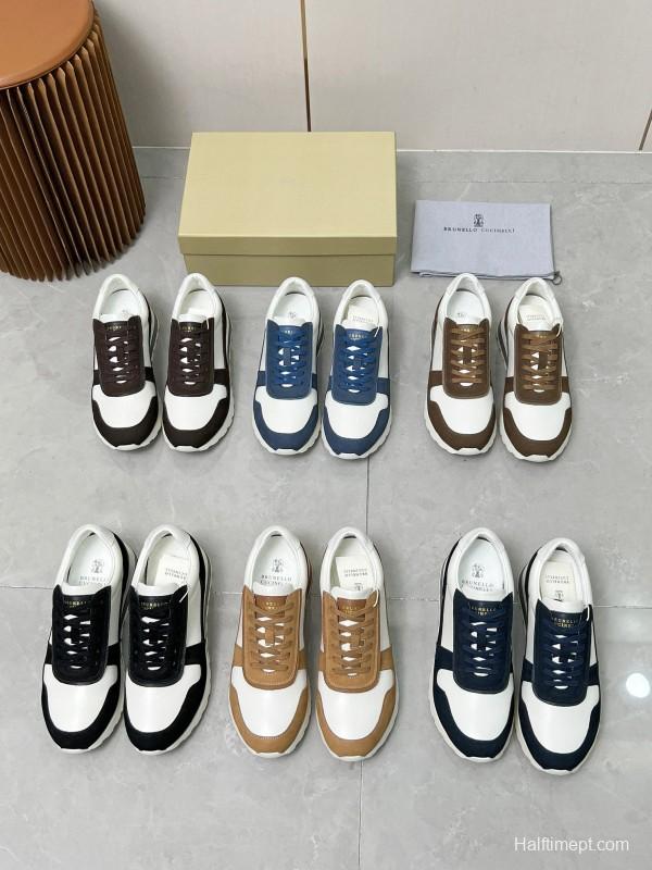 2024 Men Brunello Cucinelli Blue White Suede Calfskin Sneakers MJ00360