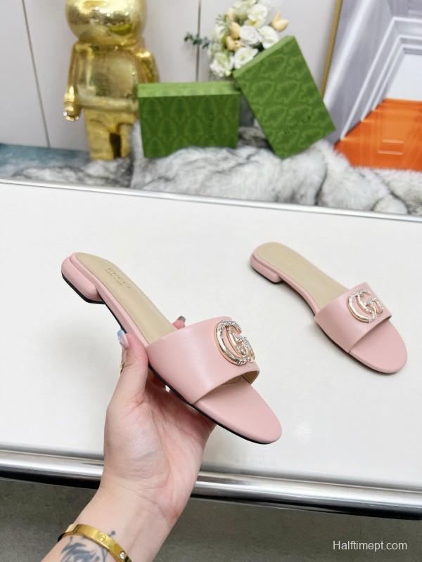 2025 Women Gucci Pink Leather Slippers GG Buckle MJ00190
