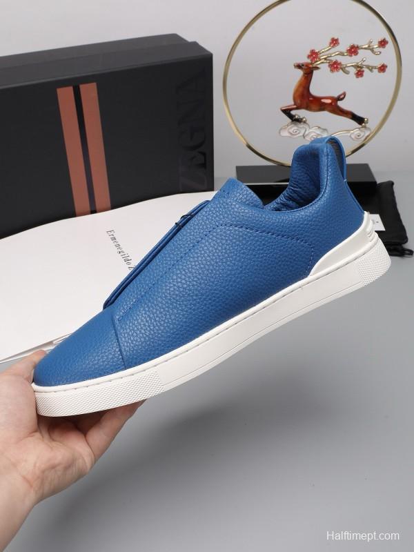 2024 Men Ermenegildo Zegna Blue Leather Low Top Sneakers MJ00240