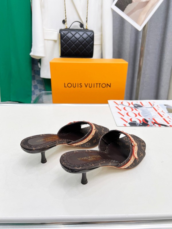 2025 Women Louis Vuitton Brown Leather Kitten Heel Mules LY00260