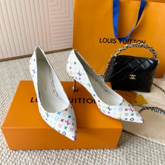 2025 Women Louis Vuitton White Multicolor Leather High Heel Shoes