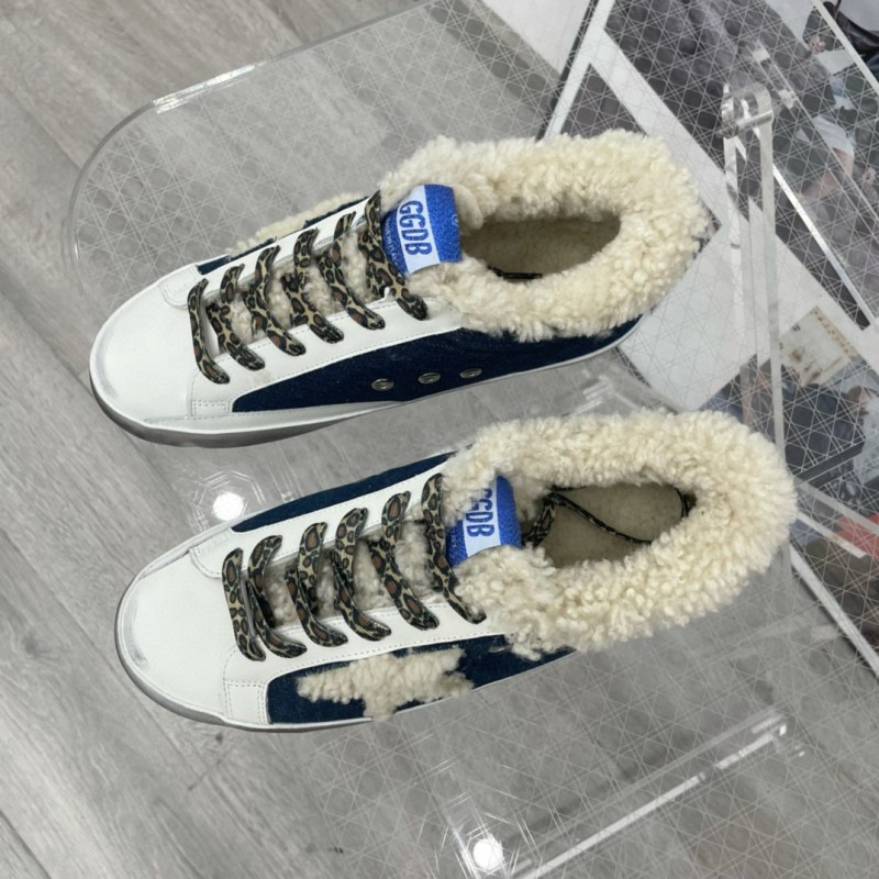 2025 Women GGDB White Navy Blue Leather Shearling Sneakers