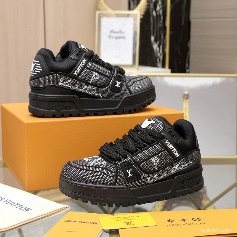 2024 Unisex Louis Vuitton Black Rhinestone Leather LV Trainer Sneakers MJ00430