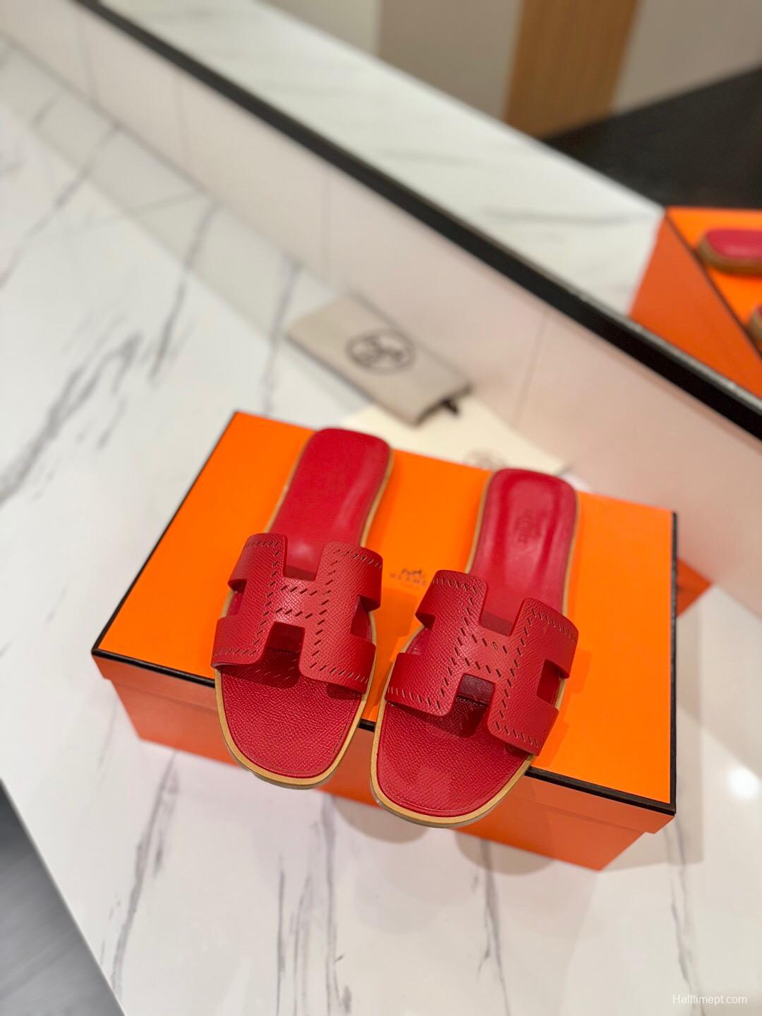 2025 Women Hermès Red Leather Slippers