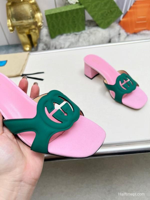 2025 Women Gucci Pink Green Leather Slippers