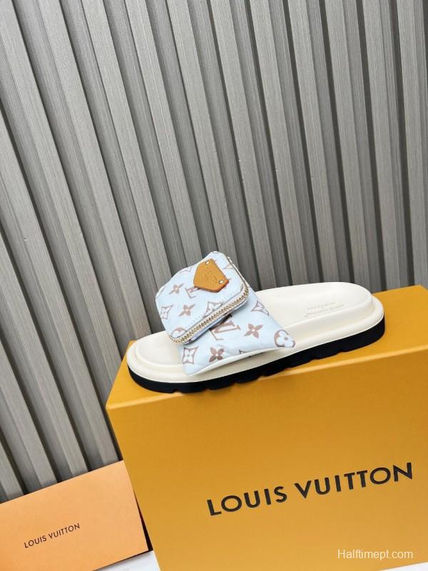 2025 Women Louis Vuitton White Brown Canvas Slippers KFY00230