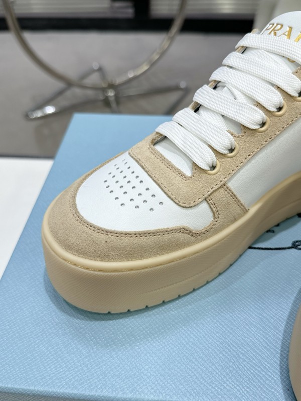 2025 Women Prada White Beige Leather Sneakers