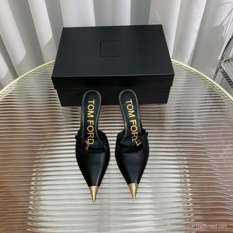 2025 Women TOM FORD Black Gold Leather Heeled Mules KFY00300