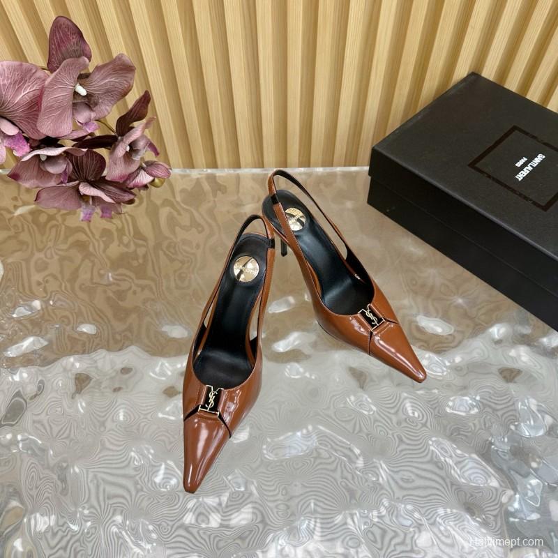 2025 Women Yves Saint Laurent Brown Patent Leather Slingback Heels
