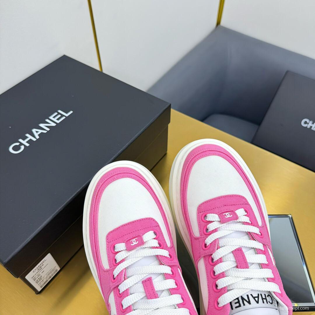 2025 Women Chanel Pink White Leather Canvas Sneakers