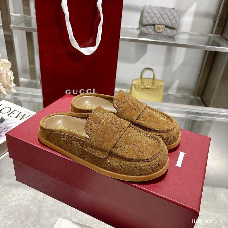 2025 Women Gucci Dark Brown Suede Loafers Embossed GG LY00270