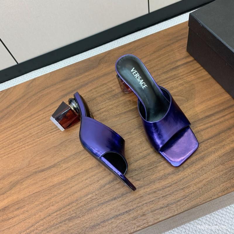 2025 Women VERSACE Purple Leather Slippers