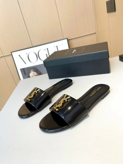 2025 Women Yves Saint Laurent Black Patent Leather Slide Sandals