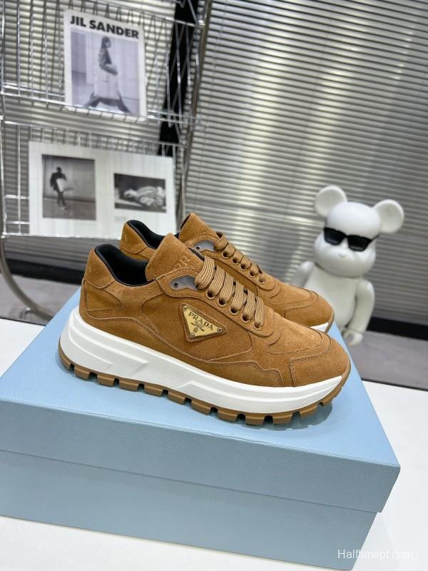 2025 Unisex Prada Brown Suede Leather Sneakers KFY00310