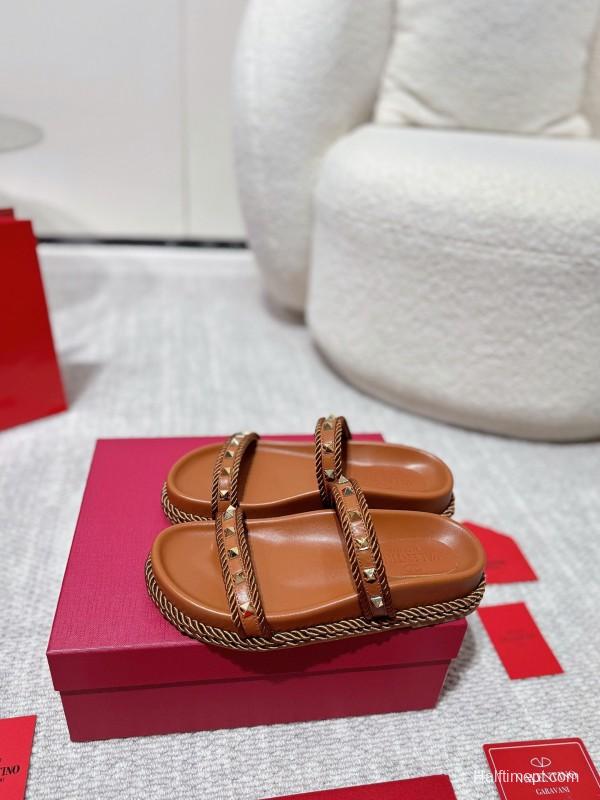 2025 Women Valentino Brown Leather Sandals Rope Braided LY00250